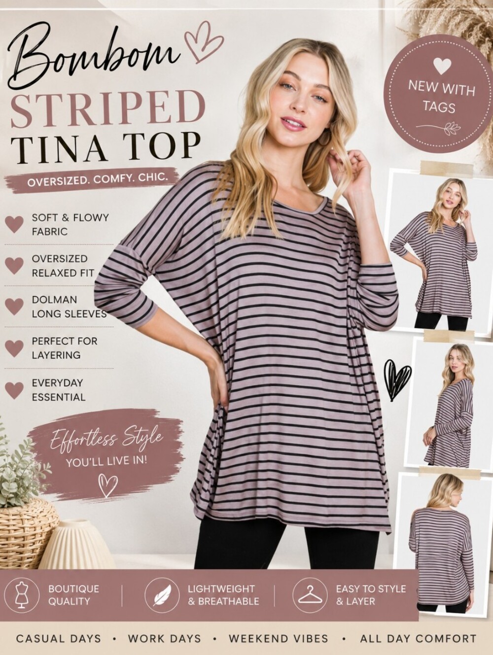 Bombom Oversized Striped Tunic Top Long Sleeve Mauve Black S + M NWT